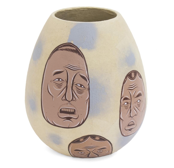 Barry McGee
Untitled, 2017
Papier maché, acrylic and gouache on vessel
8 ½ x 6 ½ x 6 ½ inches Barry McGee