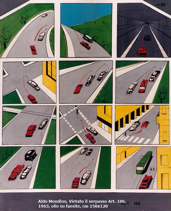click to enlarge- double click to reduce Aldo Mondino, Vietato il sorpasso Art. 106, 1963, olio su faesite, cm 150x120