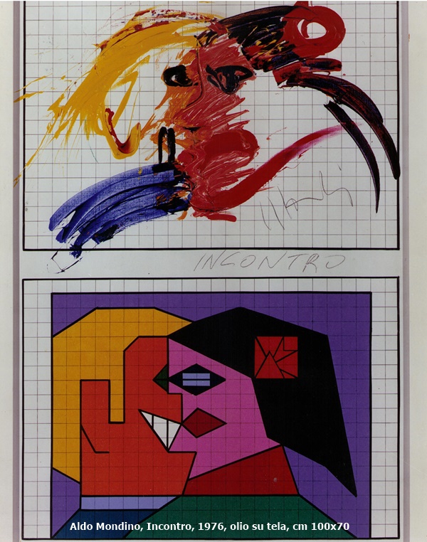click to enlarge- double click to reduce Aldo Mondino, Incontro, 1976, olio su tela, cm 100x70