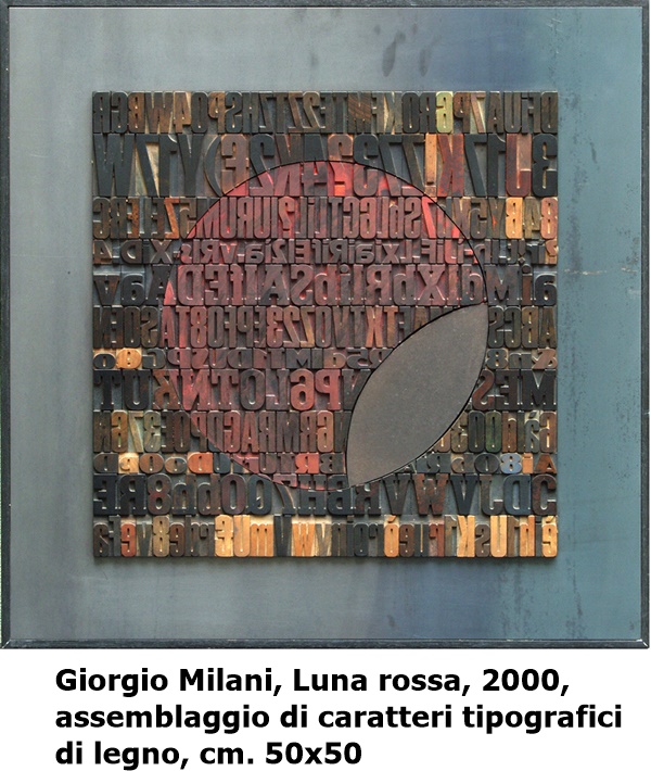 Giorgio Milani, Luna rossa, 2000, assemblaggio di caratteri tipografici di legno, cm. 50x50