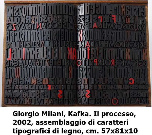 Giorgio Milani, Kafka. Il processo, 2002, assemblaggio di caratteri tipografici di legno, cm. 57x81x10