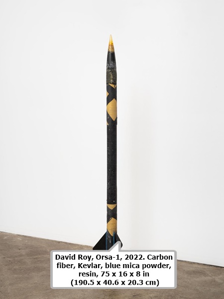 click to enlarge- double click to reduce David Roy, Orsa-1, 2022. Carbon fiber, Kevlar, blue mica powder, resin, 75 x 16 x 8 in (190.5 x 40.6 x 20.3 cm)