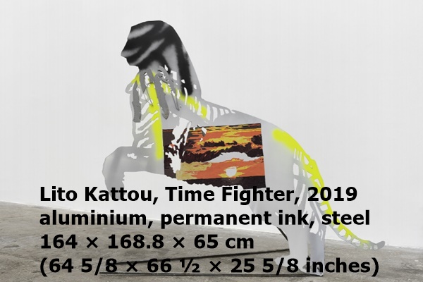click to enlarge- double click to reduce Lito Kattou
Time Fighter, 2019
aluminium, permanent ink, steel / alluminio, inchiostro permanente, acciaio
164 × 168.8 × 65 cm (64 ⅝ × 66 ½ × 25 ⅝ inches)
