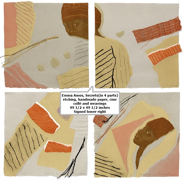 click to enlarge- double click to reduce Emma Amos, Secrets(in 4 parts) etching, handmade paper, cine collé and weavings
49 1/2 x 49 1/2 inches Signed lower right