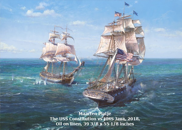 click to enlarge- double click to reduce Maarten Platje : The USS Constitution vs HMS Java, 2018, Oil on linen, 39 3/8 x 55 1/8 inches