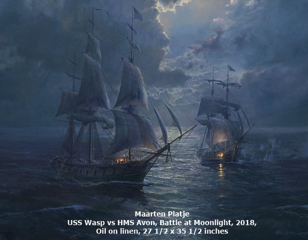click to enlarge- double click to reduce Maarten Platje : USS Wasp vs HMS Avon, Battle at Moonlight, 2018, Oil on linen, 27 1/2 x 35 1/2 inches