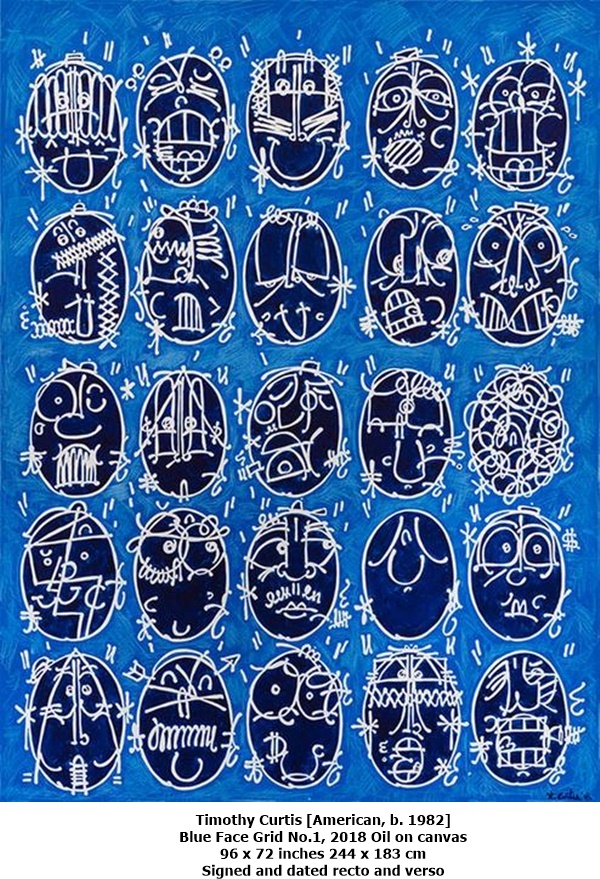 Timothy Curtis [American, b. 1982]
Blue Face Grid No.1, 2018
Oil on canvas
96 x 72 inches
244 x 183 cm
Signed and dated recto and verso