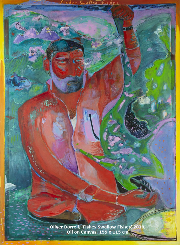 click to enlarge- double click to reduce Oliver Dorrell, 'Fishes Swallow Fishes' 2020, Oil on Canvas, 155 x 115 cm