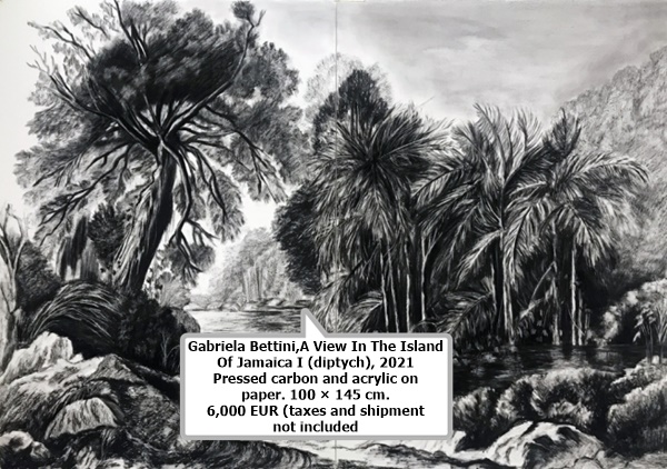 click to enlarge- double click to reduce Gabriela Bettini,A View In The Island Of Jamaica I (diptych), 2021
Pressed carbon and acrylic on paper. 100 × 145 cm.
6,000 EUR (taxes and shipment not included