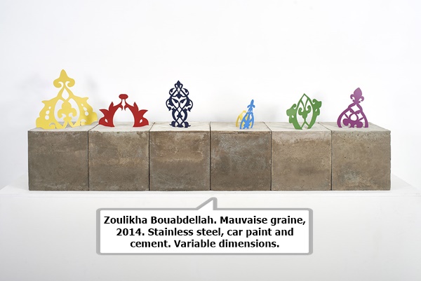 Zoulikha Bouabdellah. Mauvaise graine, 2014. Stainless steel, car paint and cement. Variable dimensions.