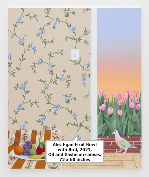 click to enlarge- double click to reduce Alec Egan Fruit Bowl with Bird, 2021, Oil and flashe on canvas, 72 x 60 inches