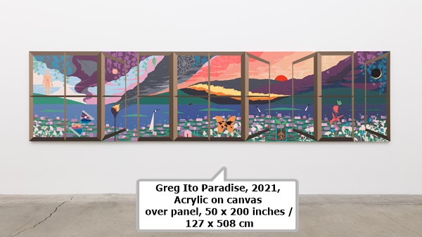 click to enlarge- double click to reduce Greg Ito Paradise, 2021, Acrylic on canvas over panel, 50 x 200 inches / 127 x 508 cm