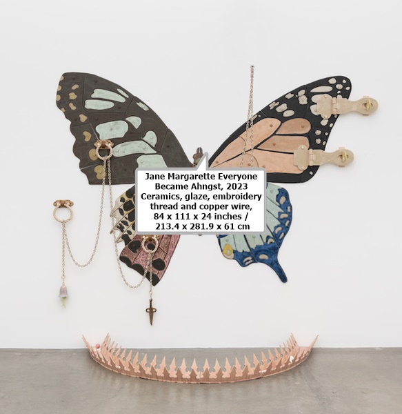 Jane Margarette Everyone Became Ahngst, 2023
Ceramics, glaze, embroidery thread and copper wire, 84 x 111 x 24 inches / 213.4 x 281.9 x 61 cm
