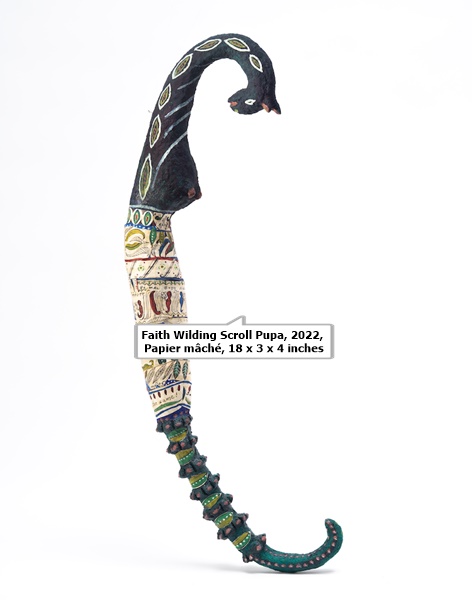 Faith Wilding Scroll Pupa, 2022, Papier mâché, 18 x 3 x 4 inches