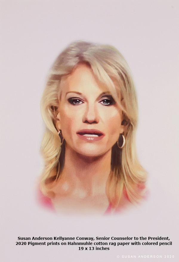 Susan Anderson
Kellyanne Conway, Senior Counselor to the President, 2020
Pigment prints on Hahnmuhle cotton rag paper with colored pencil
19 x 13 inches 