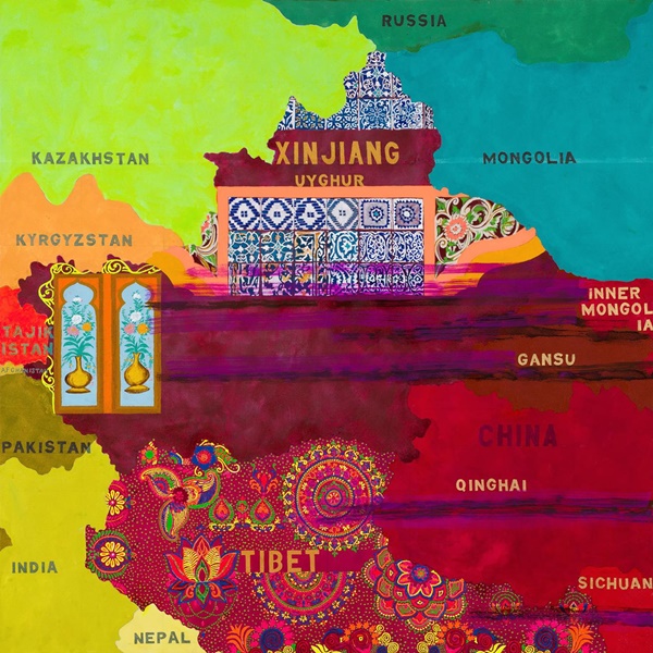click to enlarge- double click to reduce Joyce Kozloff,Xinjiang Tibet, 2022-23. Acrylic on canvas, 60 x 60 inches.