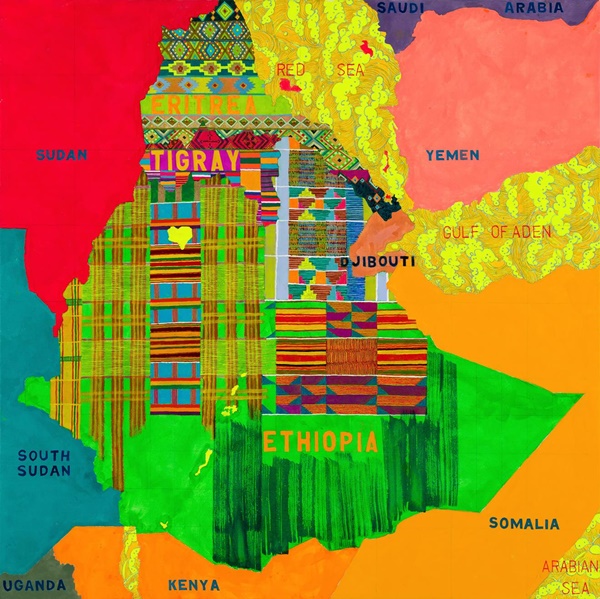 click to enlarge- double click to reduce Joyce Kozloff,Tigray Ethiopia Eritrea, 2022-23. Acrylic on canvas, 60 x 60 inches.