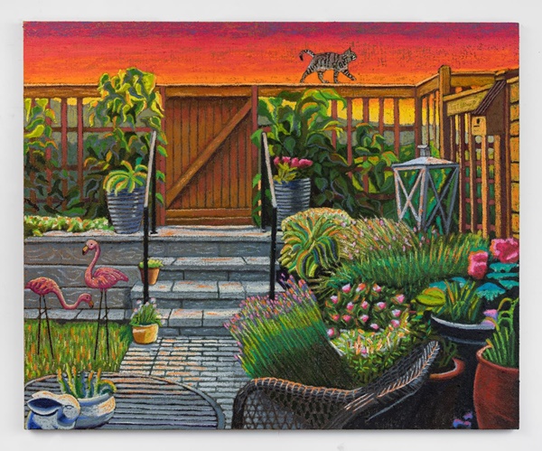click to enlarge- double click to reduce Suburban Psychedelic Garden with Plastic Flamingos, 2023, oil stick, oil pastel, and Flashe on burlap over canvas, 64 x 80 inches