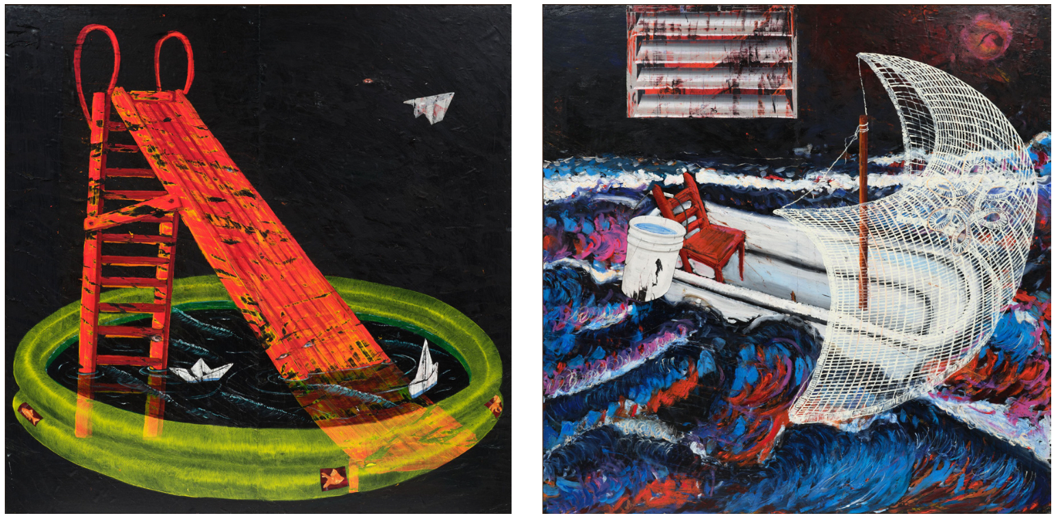 Left : Neverland
2024
Oil paint and fabric collaged on canvas
242.9 x 242.9 x 3.8 cm / 95 5/8 x 95 5/8 x 1 1/2 in
<br>
Right : River Mouth
2024
Oil paint and fabric collaged on canvas
242.9 x 242.9 x 3.8 cm / 95 5/8 x 95 5/8 x 1 1/2 in 