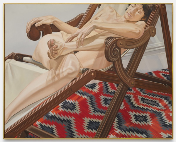 click to enlarge- double click to reduce Philip Pearlstein, Female Model on Deck Chair, 1978, Oil on canvas, 48 x 60 in (121 x 152.4 cm). Courtesy the Phillip Pearlstein Estate and Bortolami.