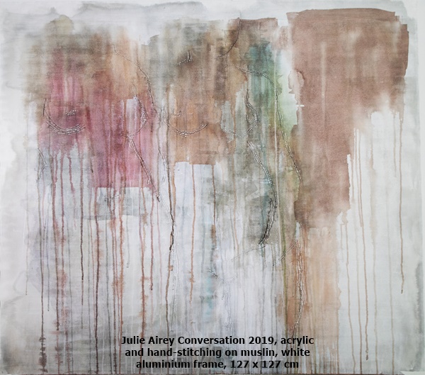 Julie Airey Conversation
2019, acrylic and hand-stitching on muslin, white aluminium frame, 127 x 127 cm
