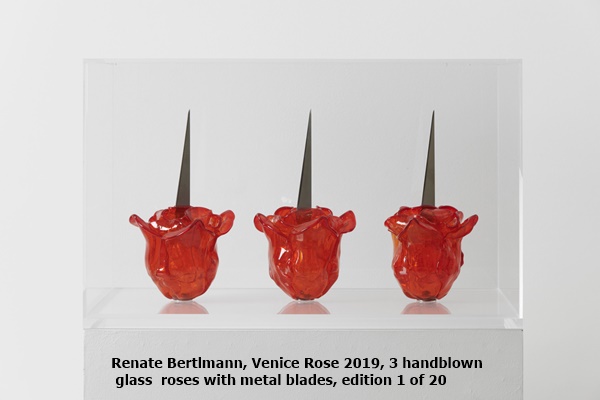 click to enlarge- double click to reduce Renate Bertlmann, Venice Rose
2019, 3 handblown glass roses with metal blades, edition 1 of 20