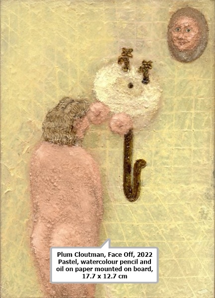 Plum Cloutman, Face Off, 2022
Pastel, watercolour pencil and oil on paper mounted on board, 17.7 x 12.7 cm 