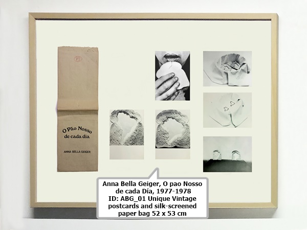 click to enlarge- double click to reduce Anna Bella Geiger
O pao Nosso de cada Día, 1977-1978
ID: ABG_01
Unique
Vintage postcards and silk-screened paper bag
52 x 53 cm