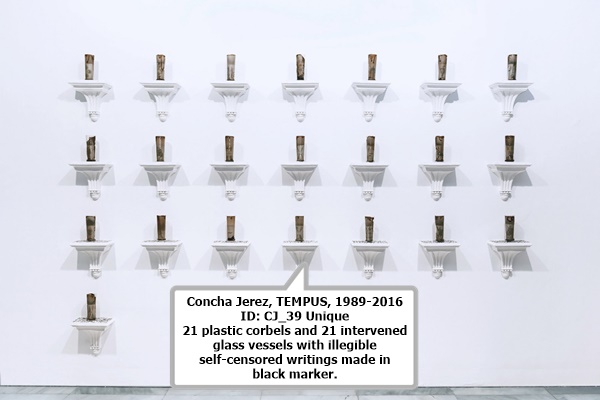 click to enlarge- double click to reduce Concha Jerez
TEMPUS, 1989-2016
ID: CJ_39
Unique
21 plastic corbels and 21 intervened glass vessels with illegible self-censored writings made in black marker.