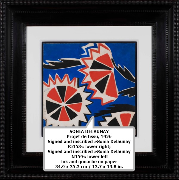 click to enlarge- double click to reduce SONIA DELAUNAY
Projet de tissu, 1926
Signed and inscribed »Sonia Delaunay F5153« lower right;
Signed and inscribed »Sonia Delaunay N159« lower left
ink and gouache on paper
34.9 x 35.2 cm / 13.7 x 13.8 in.