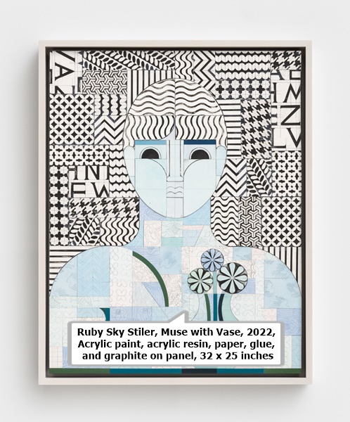 click to enlarge- double click to reduce Ruby Sky Stiler, Muse with Vase, 2022, Acrylic paint, acrylic resin, paper, glue, and graphite on panel, 32 x 25 inches.
