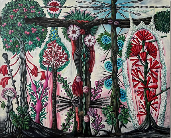 click to enlarge- double click to reduce Hartmut Neumann
Verschiedene Baumähnliche unverzweigte Kurzsprößlinge (Blütenpracht rot)
oil on canvas, 2023, 170 × 210 cm