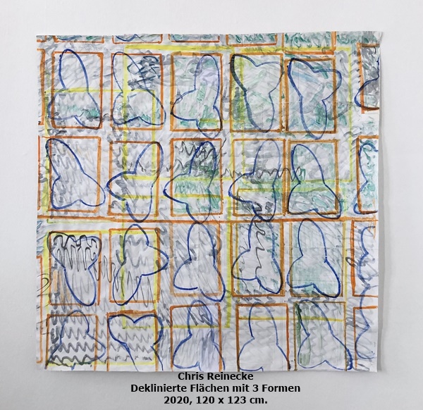click to enlarge- double click to reduce Chris Reinecke
Deklinierte Flächen mit 3 Formen 2020, 120 × 123 cm.