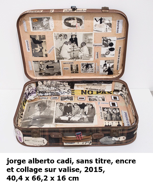 jorge alberto cadi, sans titre, encre 
et collage sur valise, 2015, 
40,4 x 66,2 x 16 cm