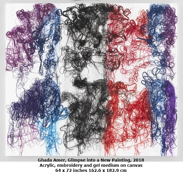 Ghada Amer
Glimpse into a New Painting, 2018
Acrylic, embroidery and gel medium on canvas
64 x 72 inches
162.6 x 182.9 cm
