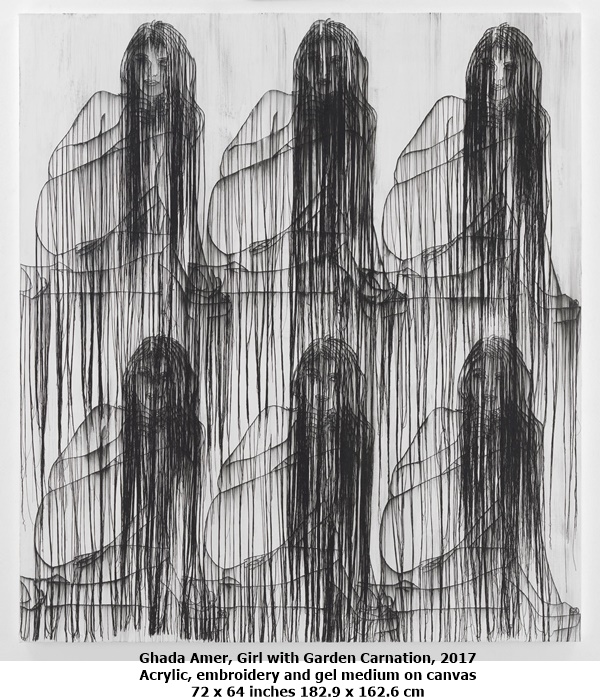 Ghada Amer
Girl with Garden Carnation, 2017
Acrylic, embroidery and gel medium on canvas
72 x 64 inches
182.9 x 162.6 cm
