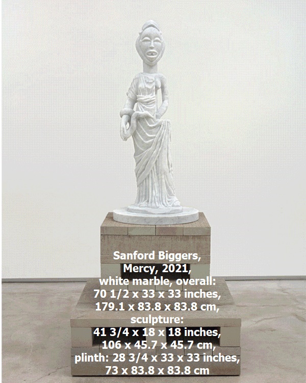 Sanford Biggers, Mercy, 2021, white marble, overall: 70 1/2 x 33 x 33 inches, 179.1 x 83.8 x 83.8 cm, sculpture: 41 3/4 x 18 x 18 inches, 106 x 45.7 x 45.7 cm, plinth: 28 3/4 x 33 x 33 inche s, 73 x 83.8 x 83.8 cm
