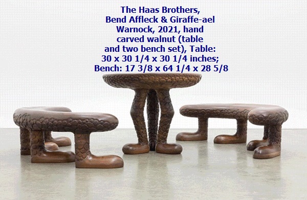 The Haas Brothers, Bend Affleck & Giraffe-ael Warnock, 2021, hand carved walnut (table and two bench set), Table: 30 x 30 1/4 x 30 1/4 inches; Bench: 17 3/8 x 64 1/4 x 28 5/8
