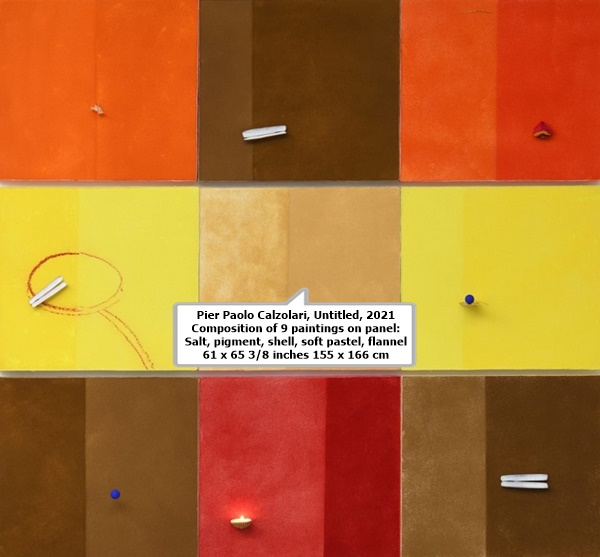 Pier Paolo Calzolari

Untitled, 2021

Composition of 9 paintings on panel:

Salt, pigment, shell, soft pastel, flannel

61 x 65 3/8 inches

155 x 166 cm