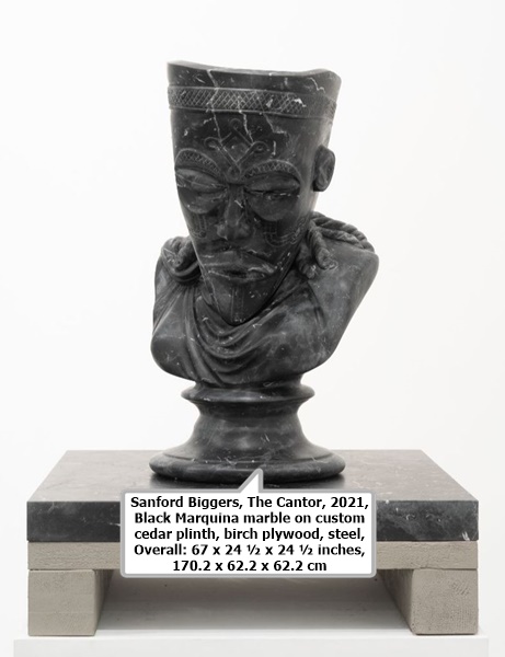 click to enlarge- double click to reduce Sanford Biggers, The Cantor, 2021, Black Marquina marble on custom cedar plinth, birch plywood, steel, Overall: 67 x 24 ½ x 24 ½ inches, 170.2 x 62.2 x 62.2 cm
