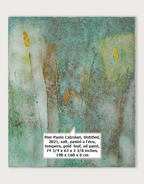 click to enlarge- double click to reduce Pier Paolo Calzolari, Untitled, 2021, salt, pastel a l'écu, tempera, gold leaf, oil paint, 74 3/4 x 63 x 2 3/8 inches, 190 x 160 x 6 cm