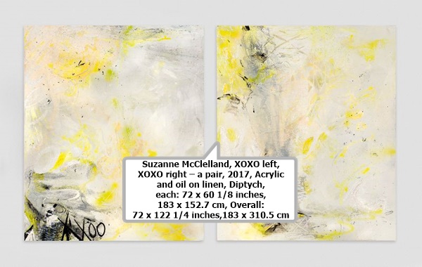 click to enlarge- double click to reduce Suzanne McClelland, XOXO left, XOXO right – a pair, 2017, Acrylic and oil on linen, Diptych, each: 72 x 60 1/8 inches,
183 x 152.7 cm, Overall: 72 x 122 1/4 inches,183 x 310.5 cm