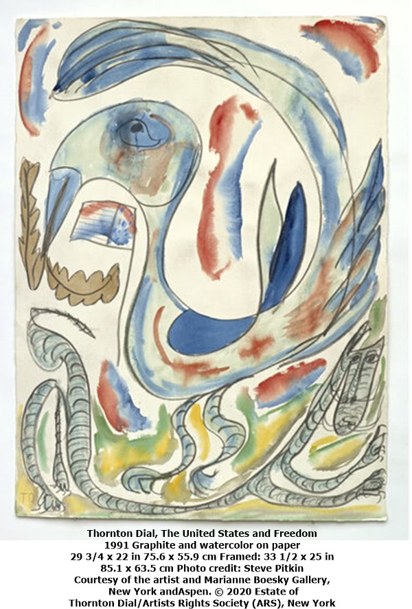 Thornton Dial 
The United States and Freedom
1991 
Graphite and watercolor on paper
29 3/4 x 22 in
75.6 x 55.9 cm
Framed: 33 1/2 x 25 in
85.1 x 63.5 cm
Photo credit: Steve Pitkin
Courtesy of the artist and Marianne Boesky Gallery, New York andAspen. © 2020 Estate of Thornton Dial/Artists Rights Society (ARS), New York