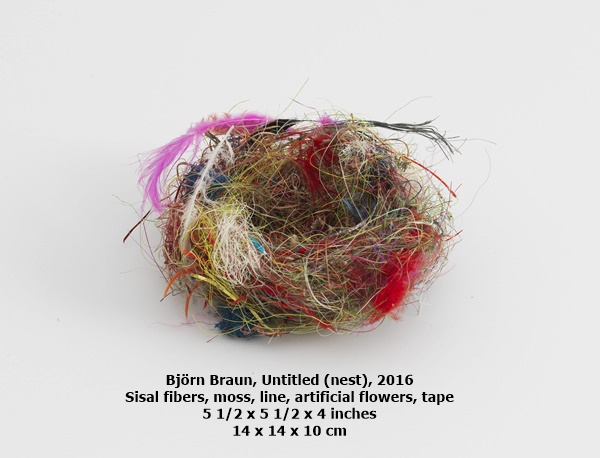 click to enlarge- double click to reduce Björn Braun
Untitled (nest), 2016
Sisal fibers, moss, line, artificial flowers, tape
5 1/2 x 5 1/2 x 4 inches
14 x 14 x 10 cm