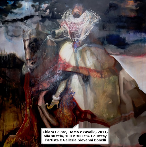 click to enlarge- double click to reduce Chiara Calore, DAMA e cavallo, 2021, olio su tela, 200 x 200 cm. Courtesy l'artista e Galleria Giovanni Bonelli