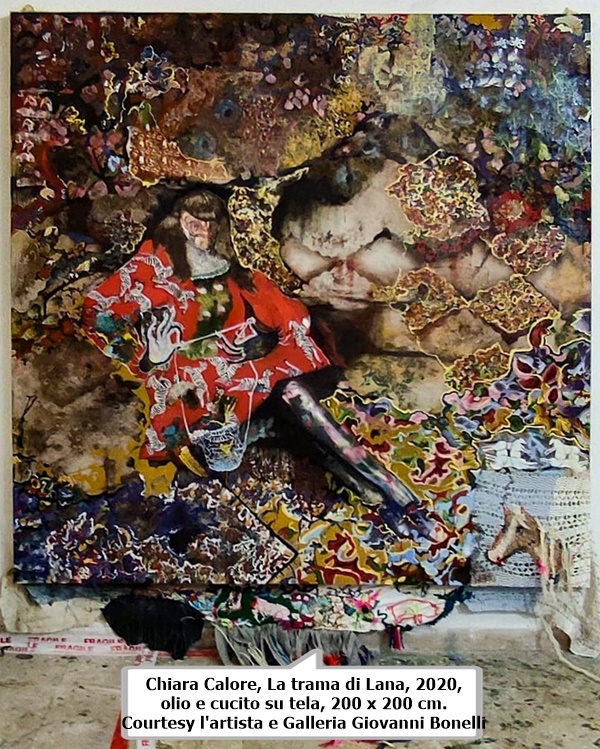 click to enlarge- double click to reduce Chiara Calore, La trama di Lana, 2020, olio e cucito su tela, 200 x 200 cm. Courtesy l'artista e Galleria Giovanni Bonelli