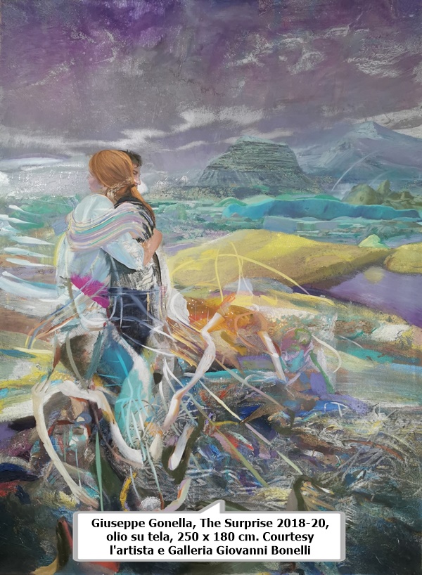 click to enlarge- double click to reduce Giuseppe Gonella, The Surprise 2018-20, olio su tela, 250 x 180 cm. Courtesy l'artista e Galleria Giovanni Bonelli