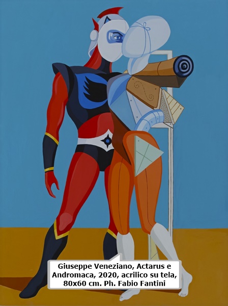 click to enlarge- double click to reduce Giuseppe Veneziano, Actarus e Andromaca, 2020, acrilico su tela, 80x60 cm. Ph. Fabio Fantini