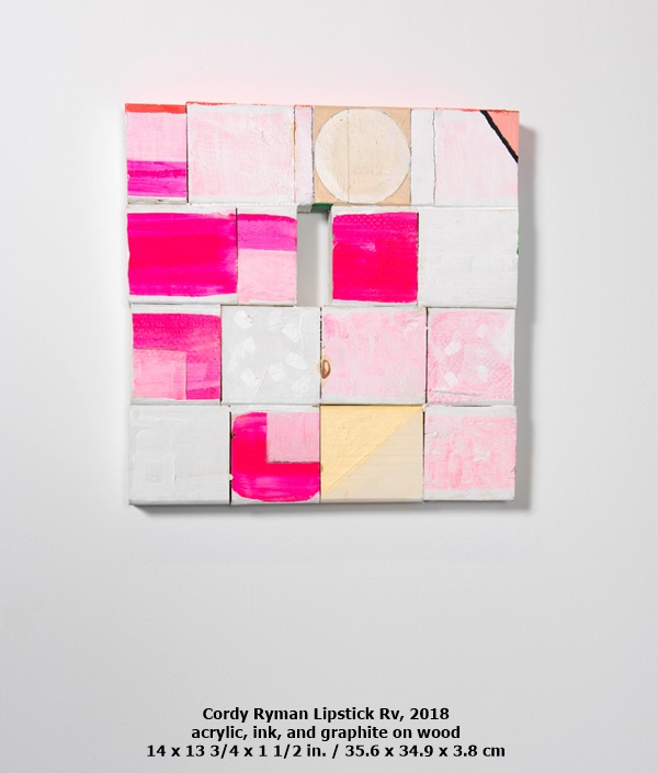 click to enlarge- double click to reduce Cordy Ryman
Lipstick Rv, 2018
acrylic, ink, and graphite on wood
14 x 13 3/4 x 1 1/2 in. / 35.6 x 34.9 x 3.8 cm