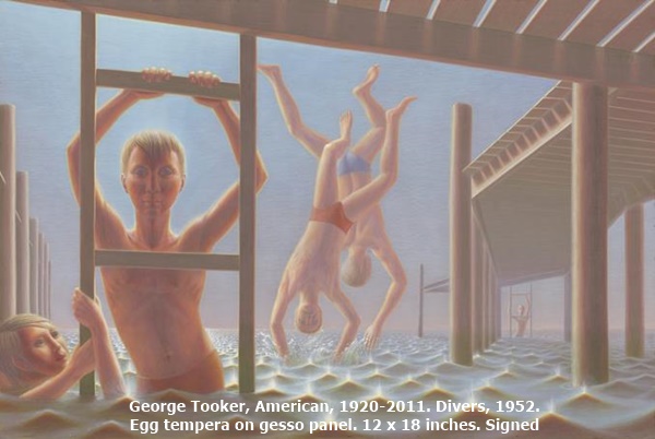 click to enlarge- double click to reduce George Tooker, American, 1920-2011. Divers, 1952. Egg tempera on gesso panel. 12 x 18 inches. Signed